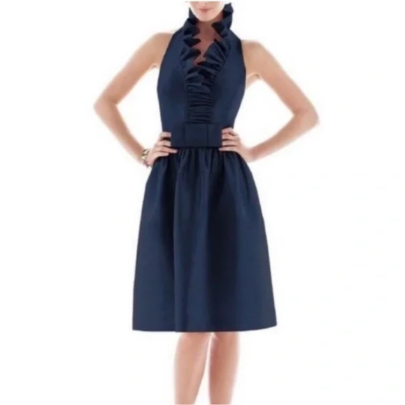 •Alfred Sung• Midnight Blue Ruffle Halter Event Dress - Size 4 - Picture 3 of 9